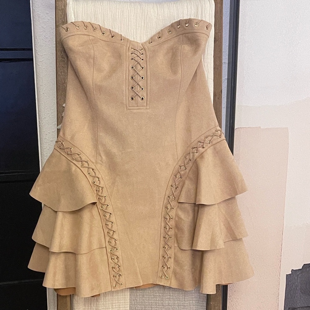 Zara Beige Strapless Ruffle Dress